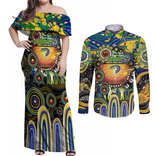 Personalised NAIDOC Week 2025 Eels Rugby Couples Matching Off Shoulder Maxi Dress and Long Sleeve Button Shirt Aboriginal Dot Painting