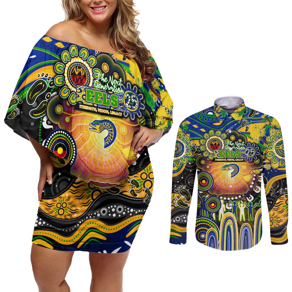 Personalised NAIDOC Week 2025 Eels Rugby Couples Matching Off Shoulder Short Dress and Long Sleeve Button Shirt Aboriginal Dot Painting