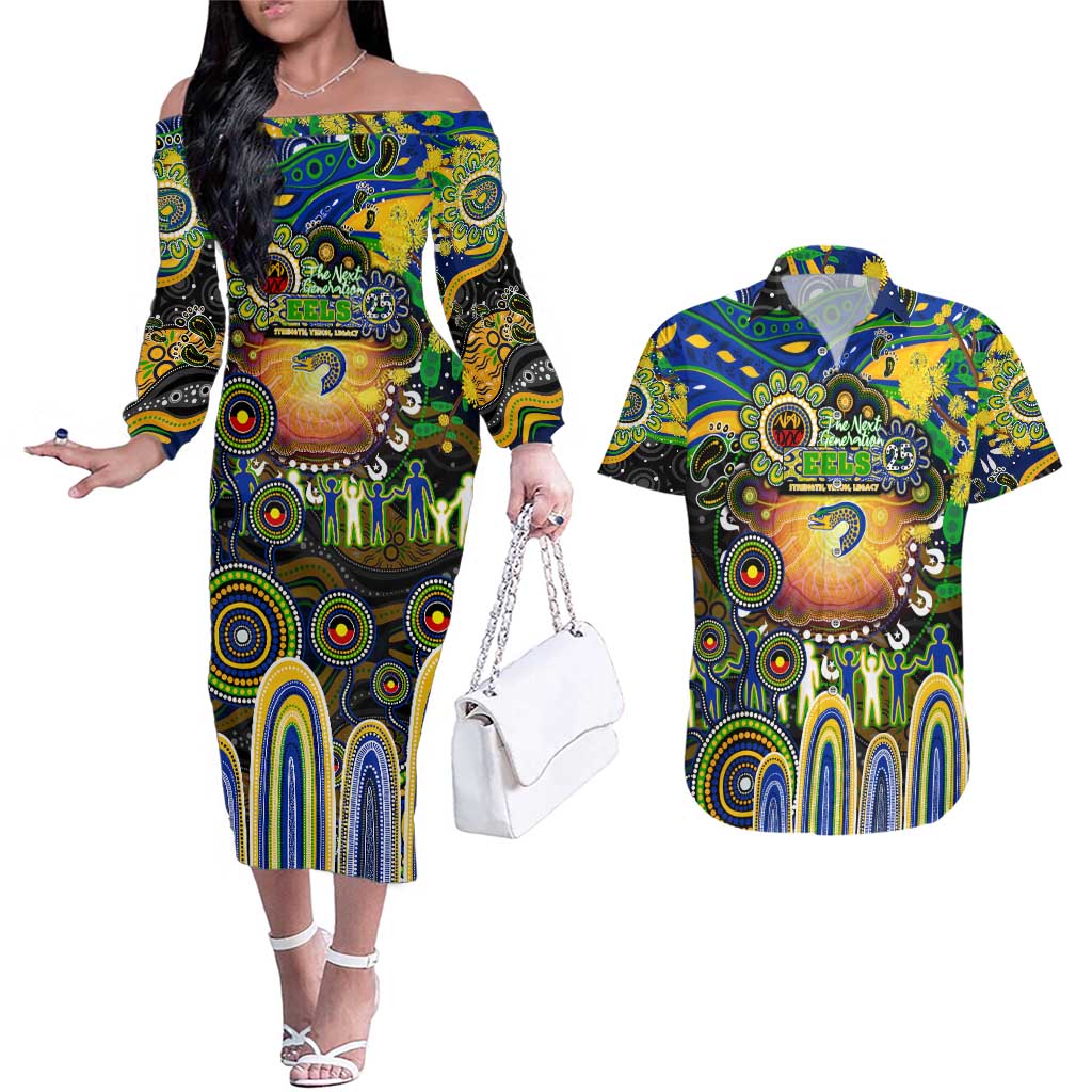 Personalised NAIDOC Week 2025 Eels Rugby Couples Matching Off The Shoulder Long Sleeve Dress and Hawaiian Shirt Aboriginal Dot Painting