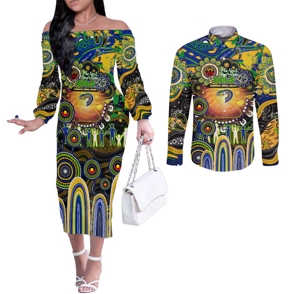 Personalised NAIDOC Week 2025 Eels Rugby Couples Matching Off The Shoulder Long Sleeve Dress and Long Sleeve Button Shirt Aboriginal Dot Painting