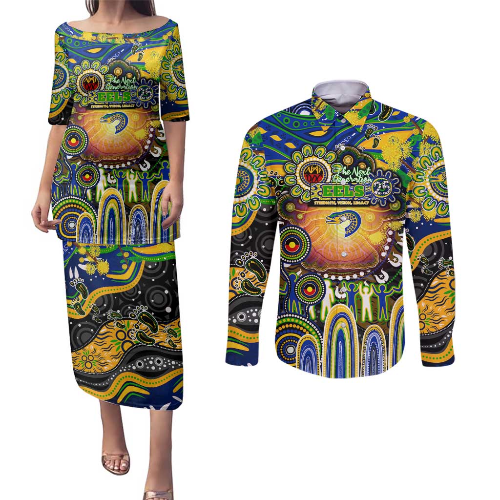 Personalised NAIDOC Week 2025 Eels Rugby Couples Matching Puletasi and Long Sleeve Button Shirt Aboriginal Dot Painting