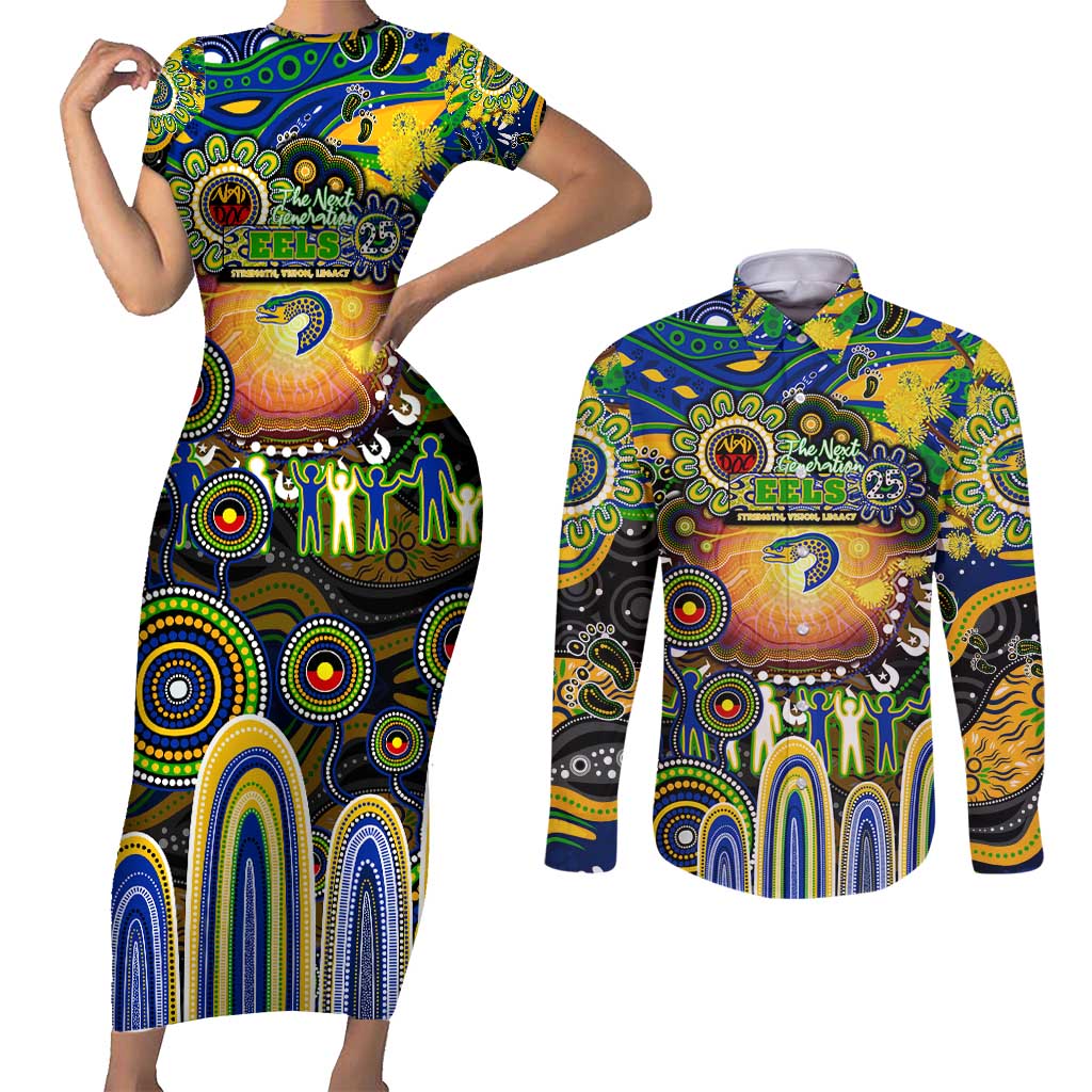 Personalised NAIDOC Week 2025 Eels Rugby Couples Matching Short Sleeve Bodycon Dress and Long Sleeve Button Shirt Aboriginal Dot Painting