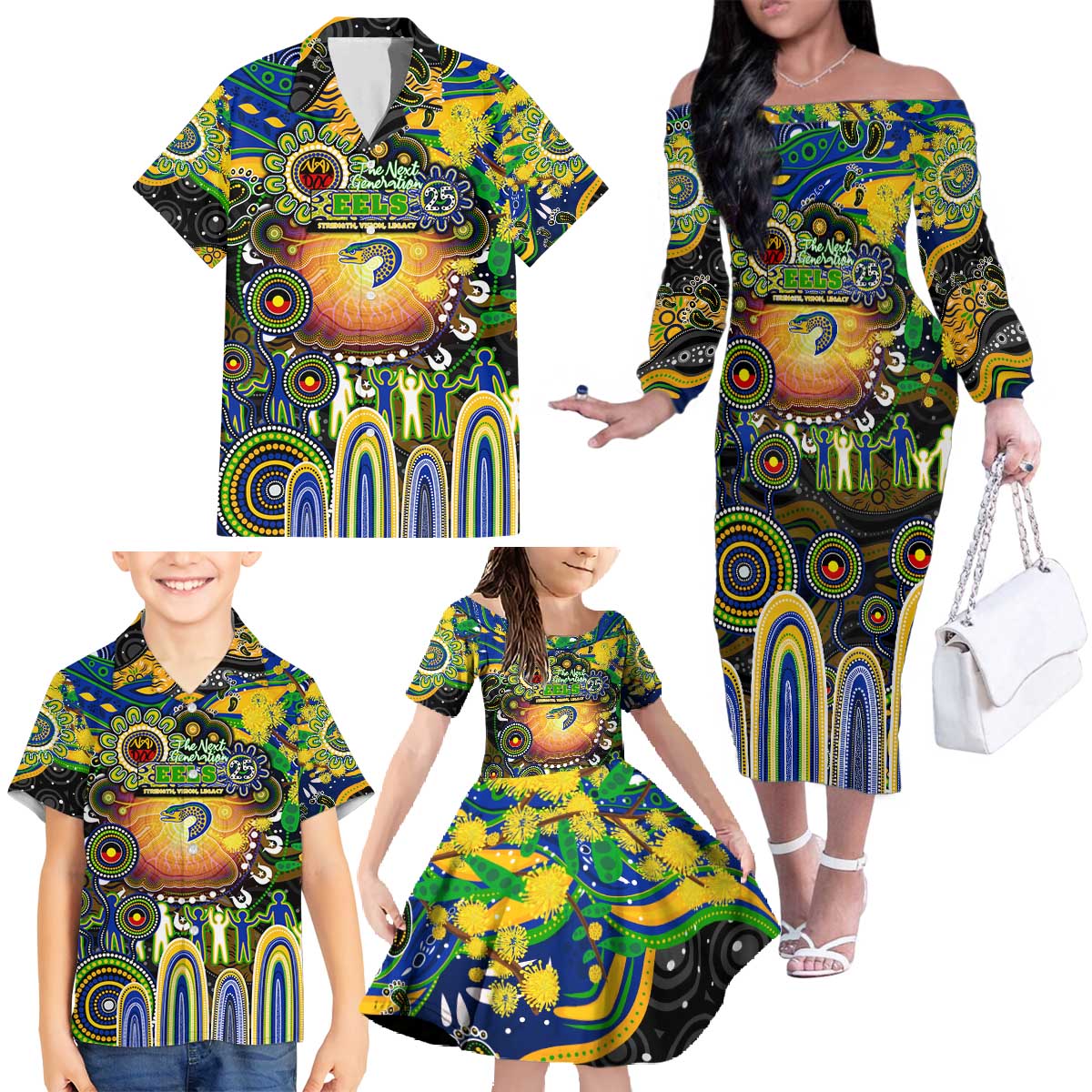 Personalised NAIDOC Week 2025 Eels Rugby Family Matching Off The Shoulder Long Sleeve Dress and Hawaiian Shirt Aboriginal Dot Painting