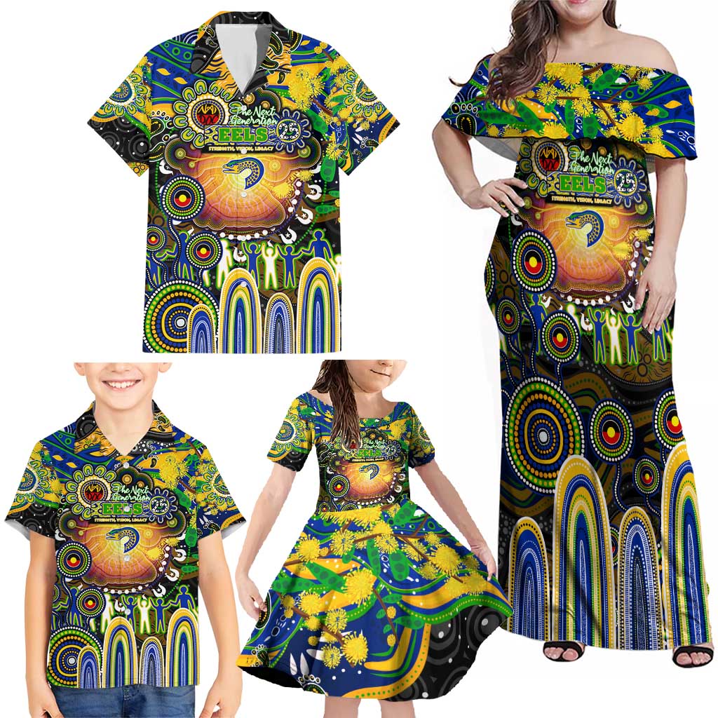 Personalised NAIDOC Week 2025 Eels Rugby Family Matching Off Shoulder Maxi Dress and Hawaiian Shirt Aboriginal Dot Painting