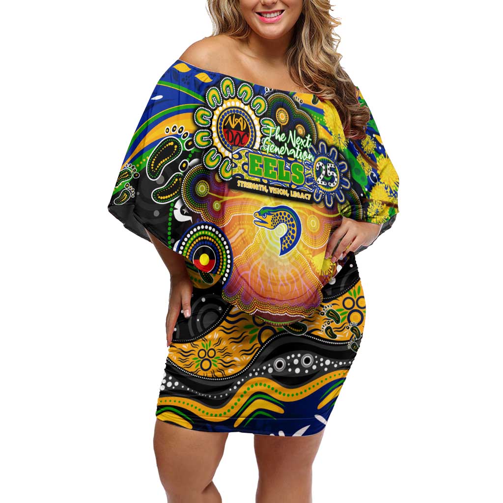 Personalised NAIDOC Week 2025 Eels Rugby Off Shoulder Short Dress Aboriginal Dot Painting
