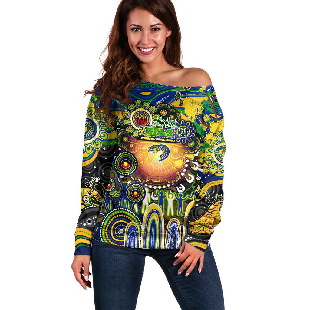 Personalised NAIDOC Week 2025 Eels Rugby Off Shoulder Sweater Aboriginal Dot Painting