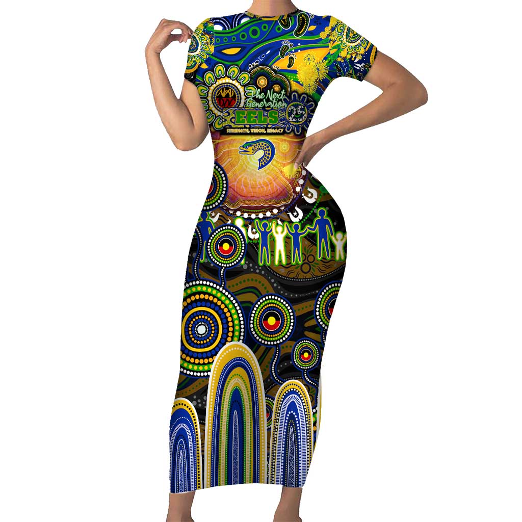 Personalised NAIDOC Week 2025 Eels Rugby Short Sleeve Bodycon Dress Aboriginal Dot Painting