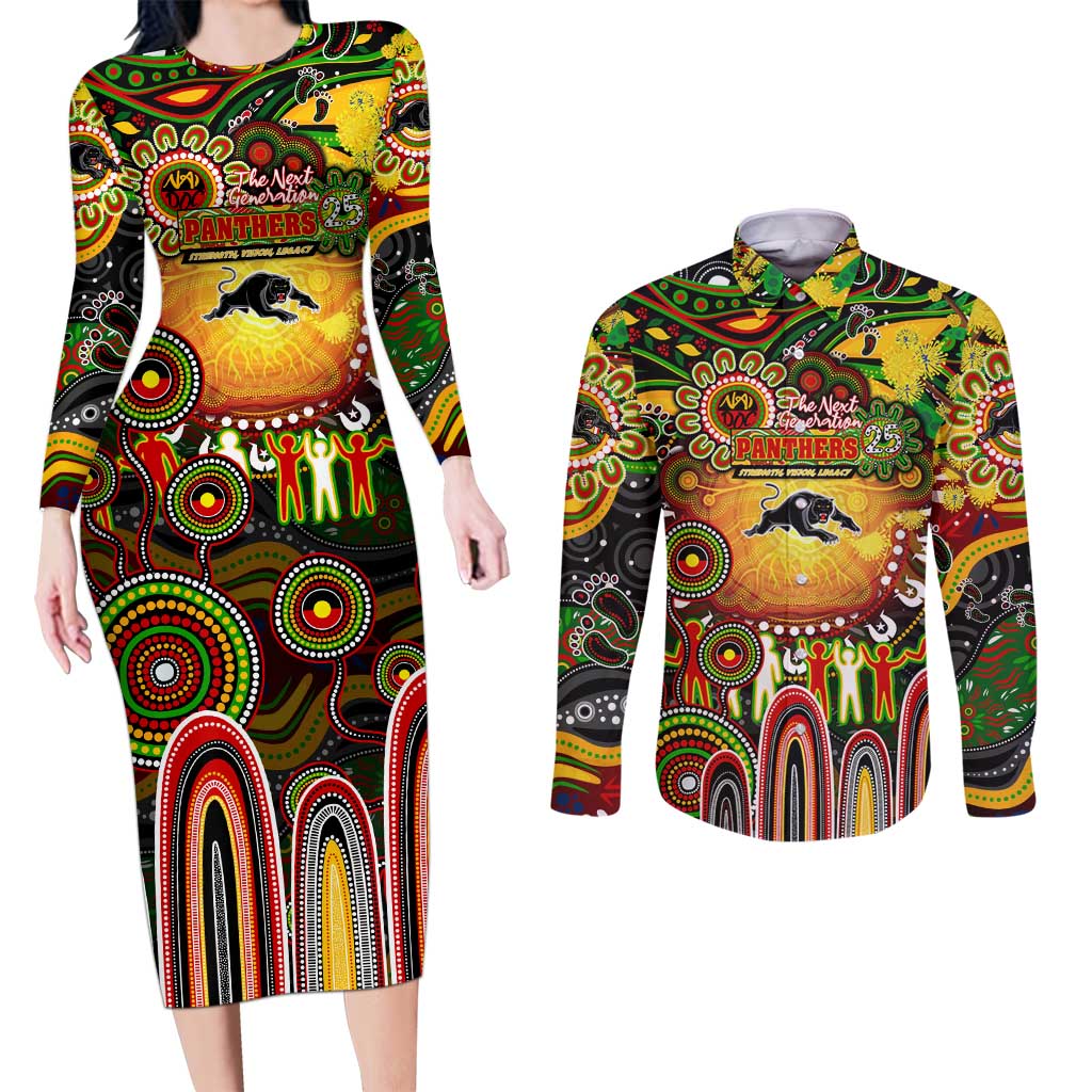 Personalised NAIDOC Week 2025 Panthers Rugby Couples Matching Long Sleeve Bodycon Dress and Long Sleeve Button Shirt Aboriginal Dot Painting