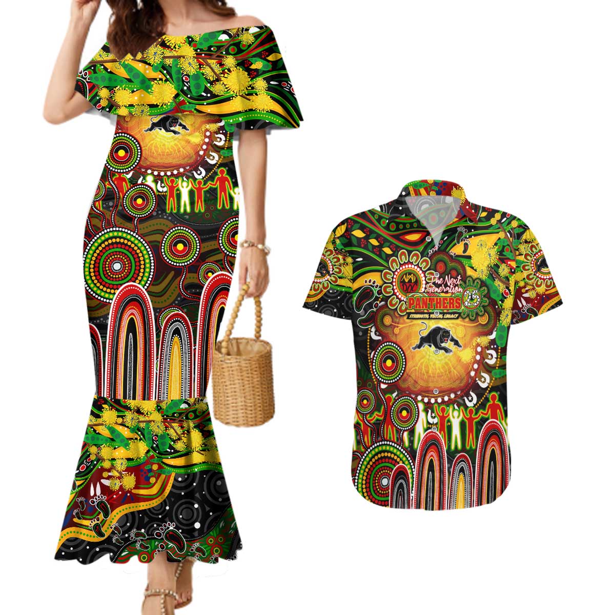 Personalised NAIDOC Week 2025 Panthers Rugby Couples Matching Mermaid Dress and Hawaiian Shirt Aboriginal Dot Painting