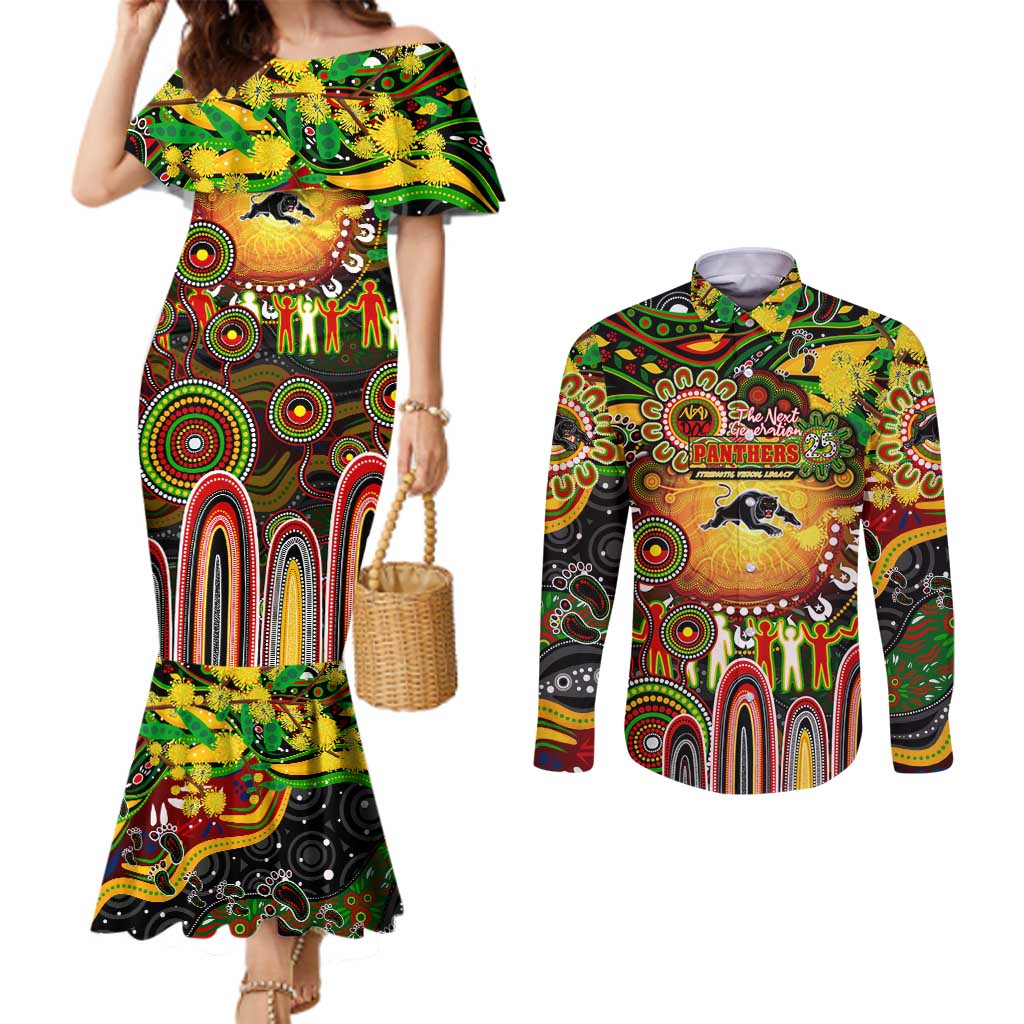 Personalised NAIDOC Week 2025 Panthers Rugby Couples Matching Mermaid Dress and Long Sleeve Button Shirt Aboriginal Dot Painting