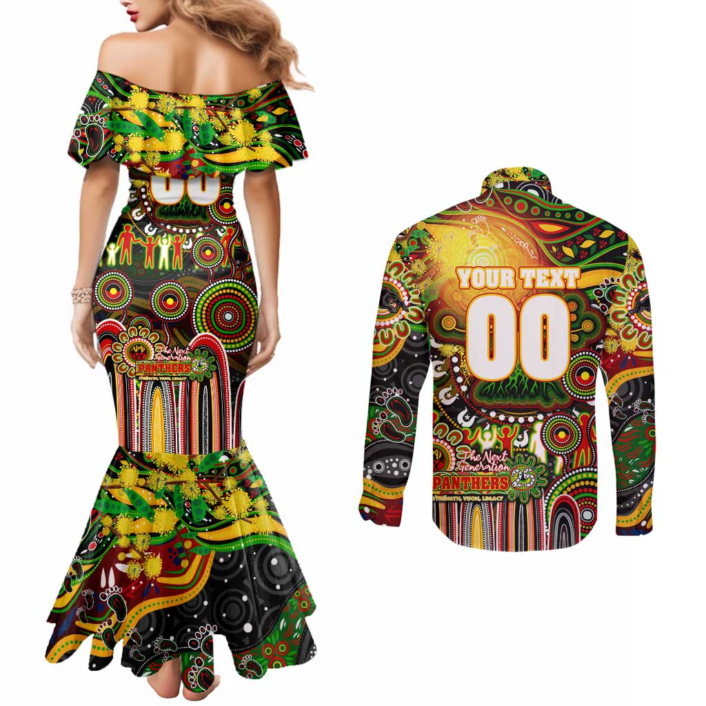 Personalised NAIDOC Week 2025 Panthers Rugby Couples Matching Mermaid Dress and Long Sleeve Button Shirt Aboriginal Dot Painting