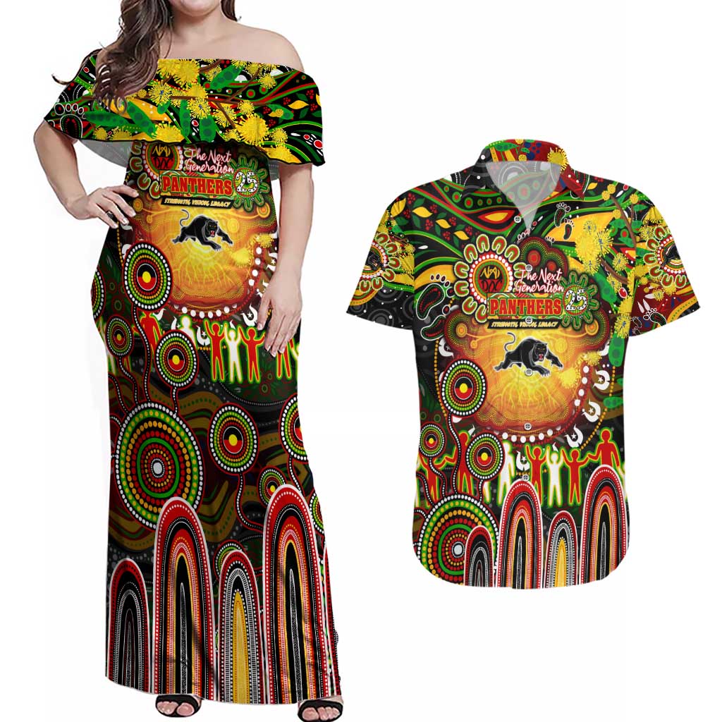 Personalised NAIDOC Week 2025 Panthers Rugby Couples Matching Off Shoulder Maxi Dress and Hawaiian Shirt Aboriginal Dot Painting