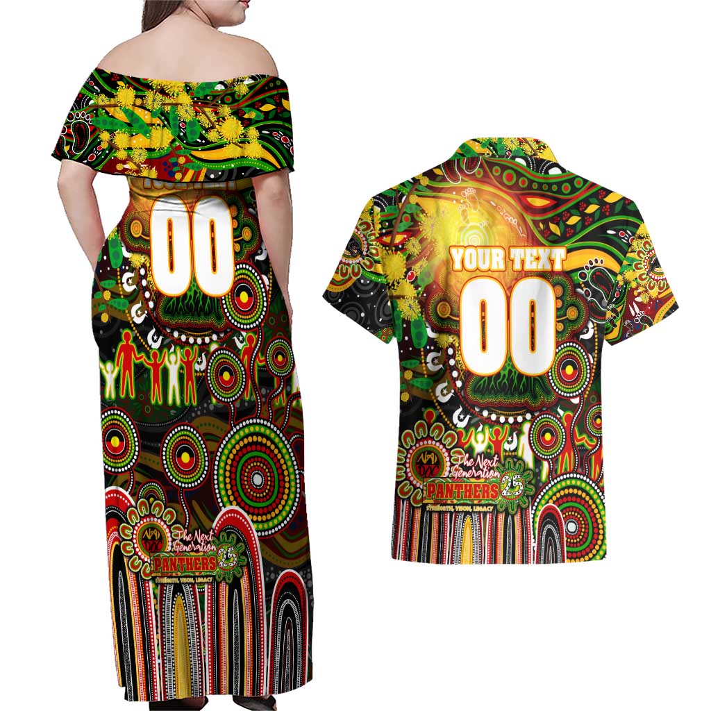 Personalised NAIDOC Week 2025 Panthers Rugby Couples Matching Off Shoulder Maxi Dress and Hawaiian Shirt Aboriginal Dot Painting