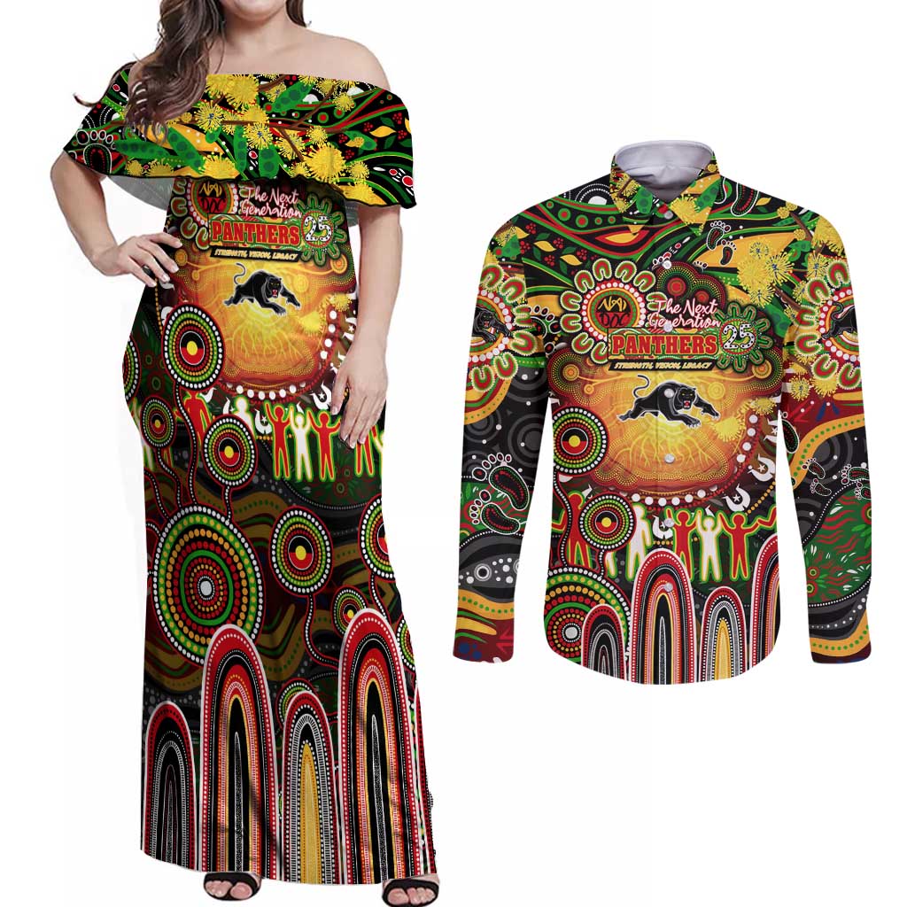 Personalised NAIDOC Week 2025 Panthers Rugby Couples Matching Off Shoulder Maxi Dress and Long Sleeve Button Shirt Aboriginal Dot Painting