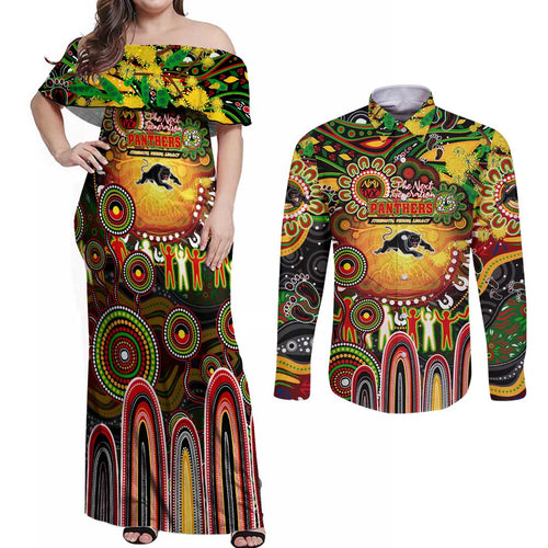 Personalised NAIDOC Week 2025 Panthers Rugby Couples Matching Off Shoulder Maxi Dress and Long Sleeve Button Shirt Aboriginal Dot Painting