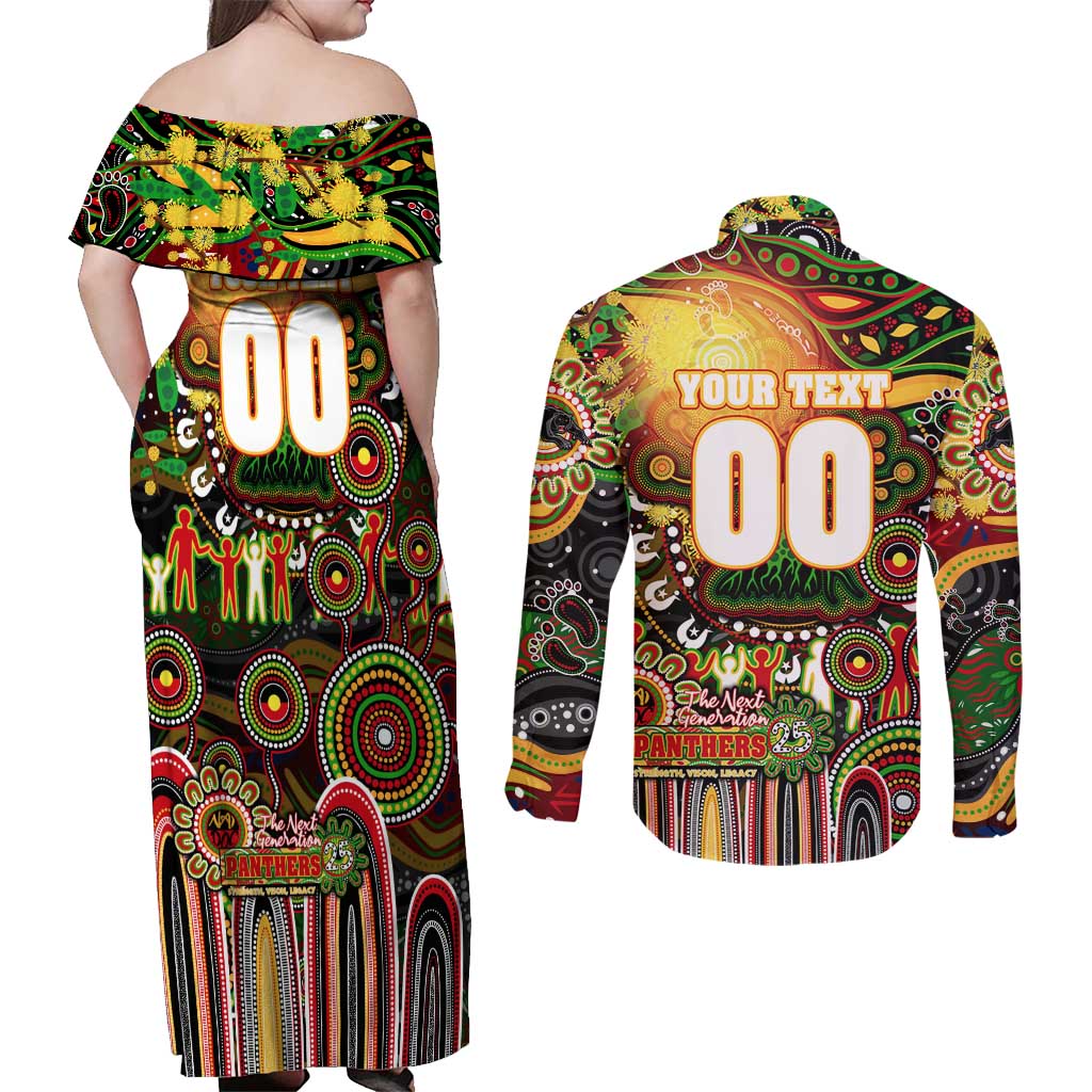 Personalised NAIDOC Week 2025 Panthers Rugby Couples Matching Off Shoulder Maxi Dress and Long Sleeve Button Shirt Aboriginal Dot Painting