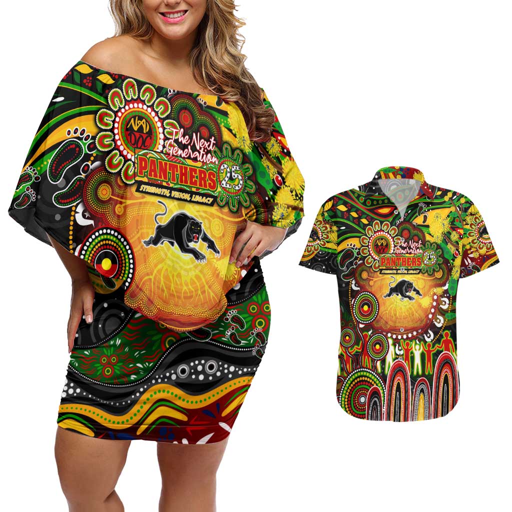Personalised NAIDOC Week 2025 Panthers Rugby Couples Matching Off Shoulder Short Dress and Hawaiian Shirt Aboriginal Dot Painting
