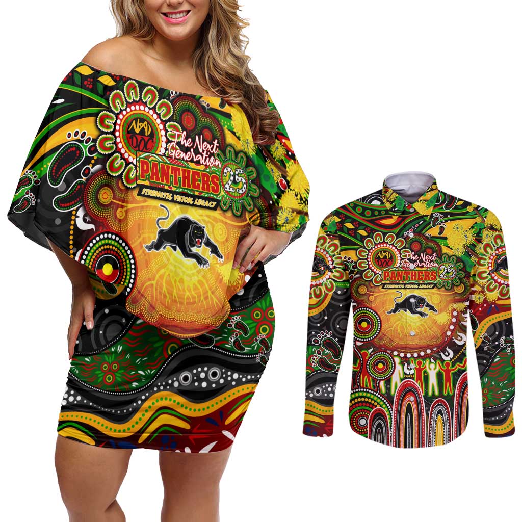Personalised NAIDOC Week 2025 Panthers Rugby Couples Matching Off Shoulder Short Dress and Long Sleeve Button Shirt Aboriginal Dot Painting