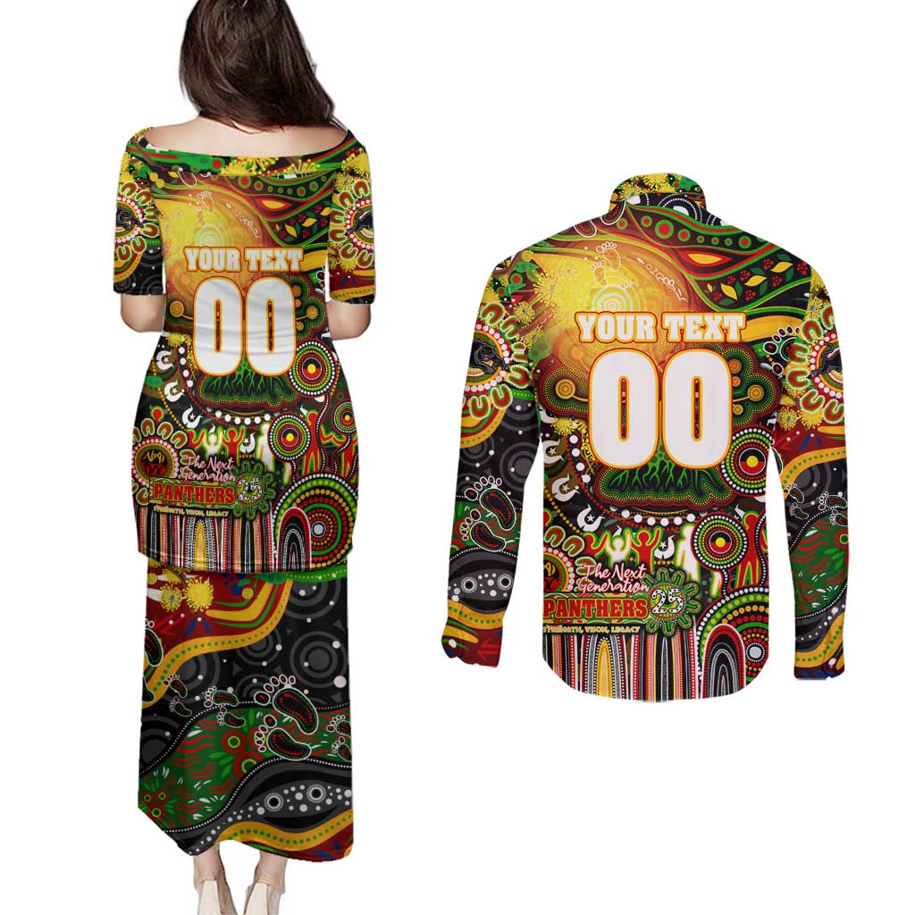 Personalised NAIDOC Week 2025 Panthers Rugby Couples Matching Puletasi and Long Sleeve Button Shirt Aboriginal Dot Painting