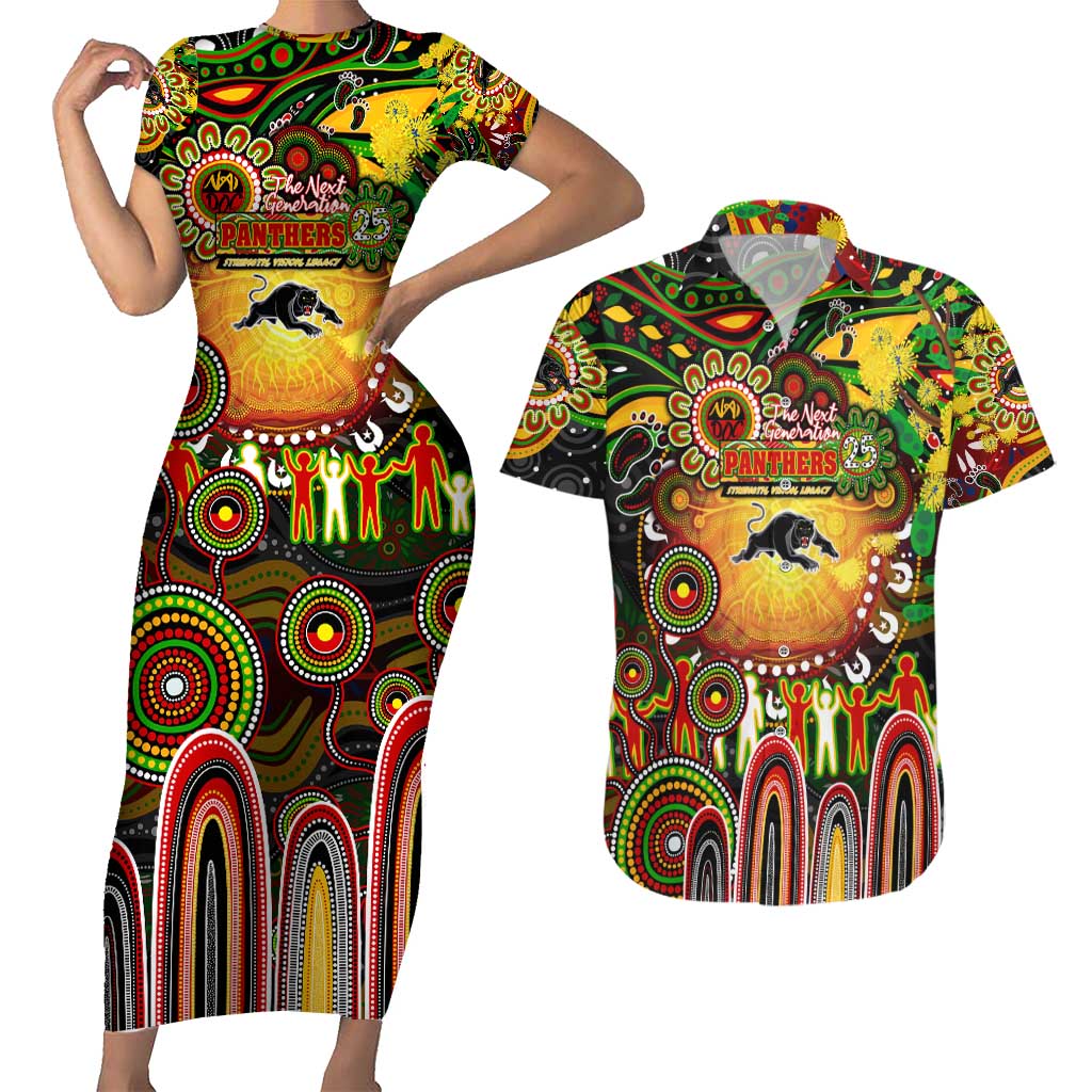Personalised NAIDOC Week 2025 Panthers Rugby Couples Matching Short Sleeve Bodycon Dress and Hawaiian Shirt Aboriginal Dot Painting