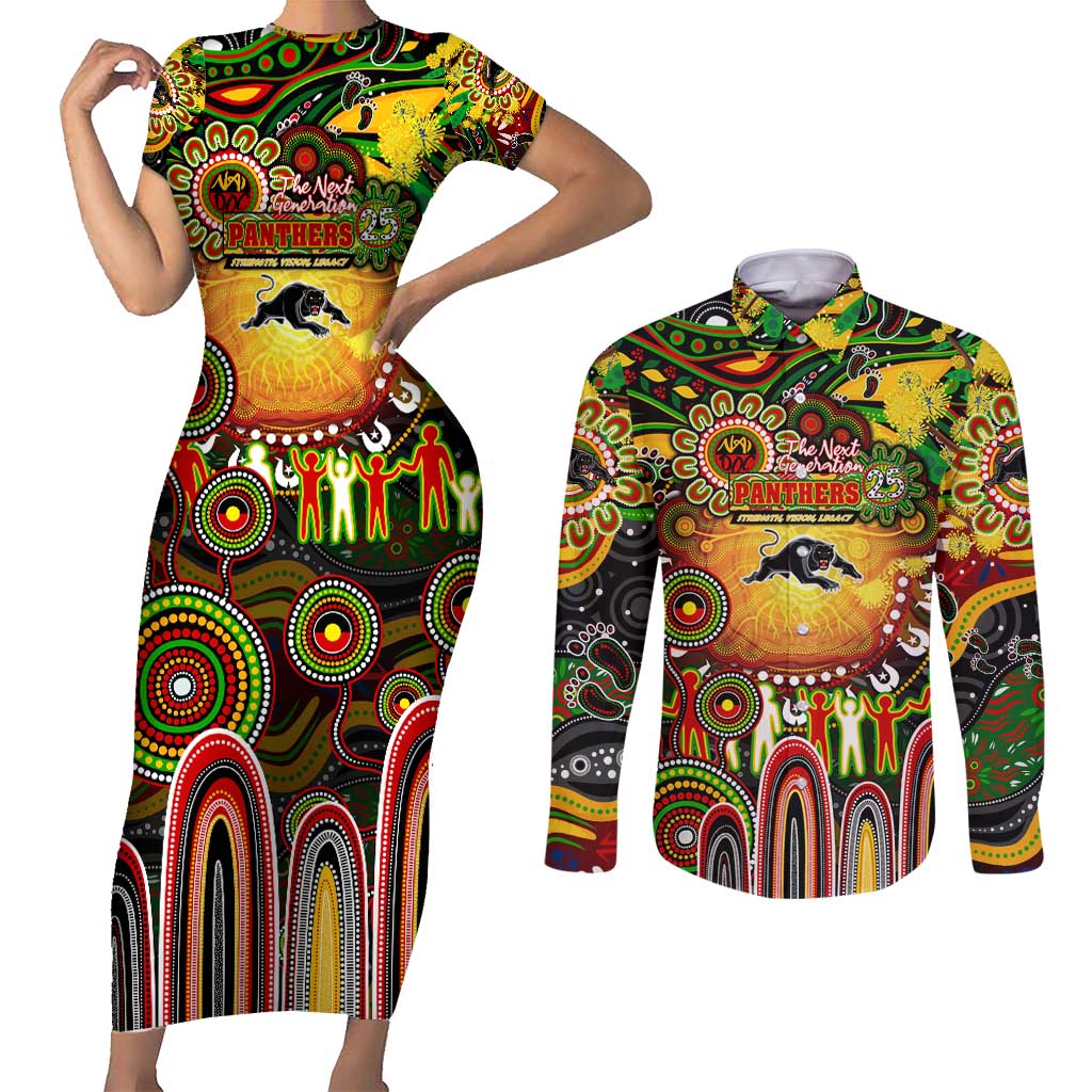 Personalised NAIDOC Week 2025 Panthers Rugby Couples Matching Short Sleeve Bodycon Dress and Long Sleeve Button Shirt Aboriginal Dot Painting