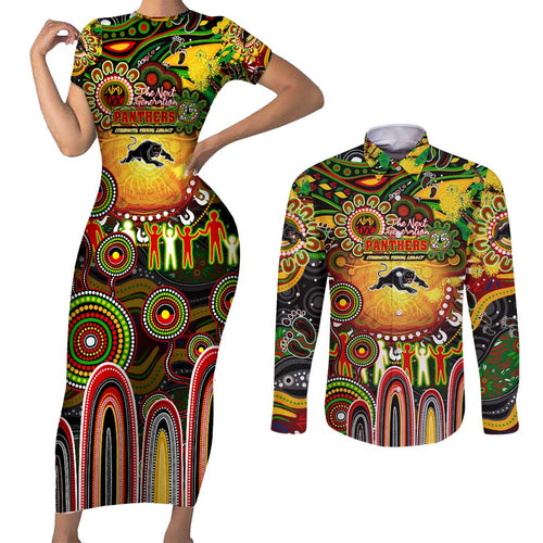 Personalised NAIDOC Week 2025 Panthers Rugby Couples Matching Short Sleeve Bodycon Dress and Long Sleeve Button Shirt Aboriginal Dot Painting