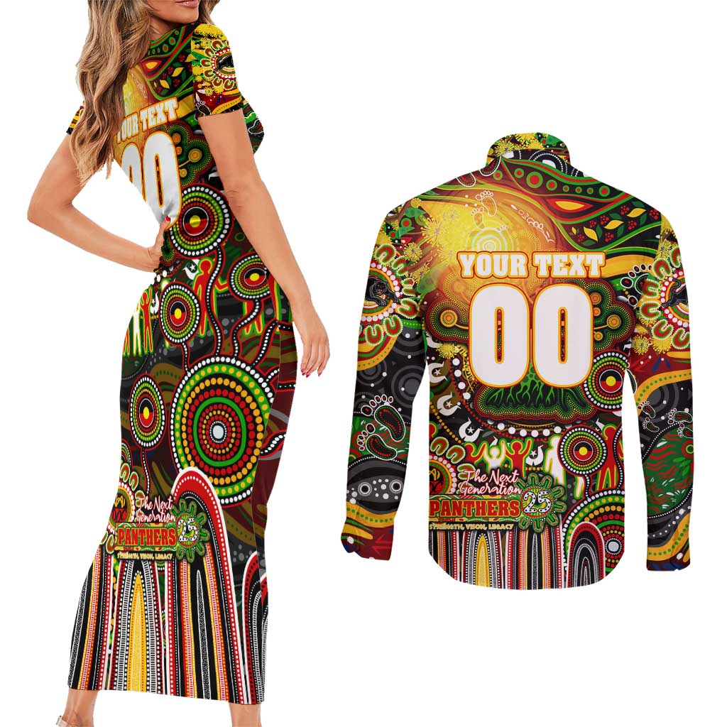 Personalised NAIDOC Week 2025 Panthers Rugby Couples Matching Short Sleeve Bodycon Dress and Long Sleeve Button Shirt Aboriginal Dot Painting