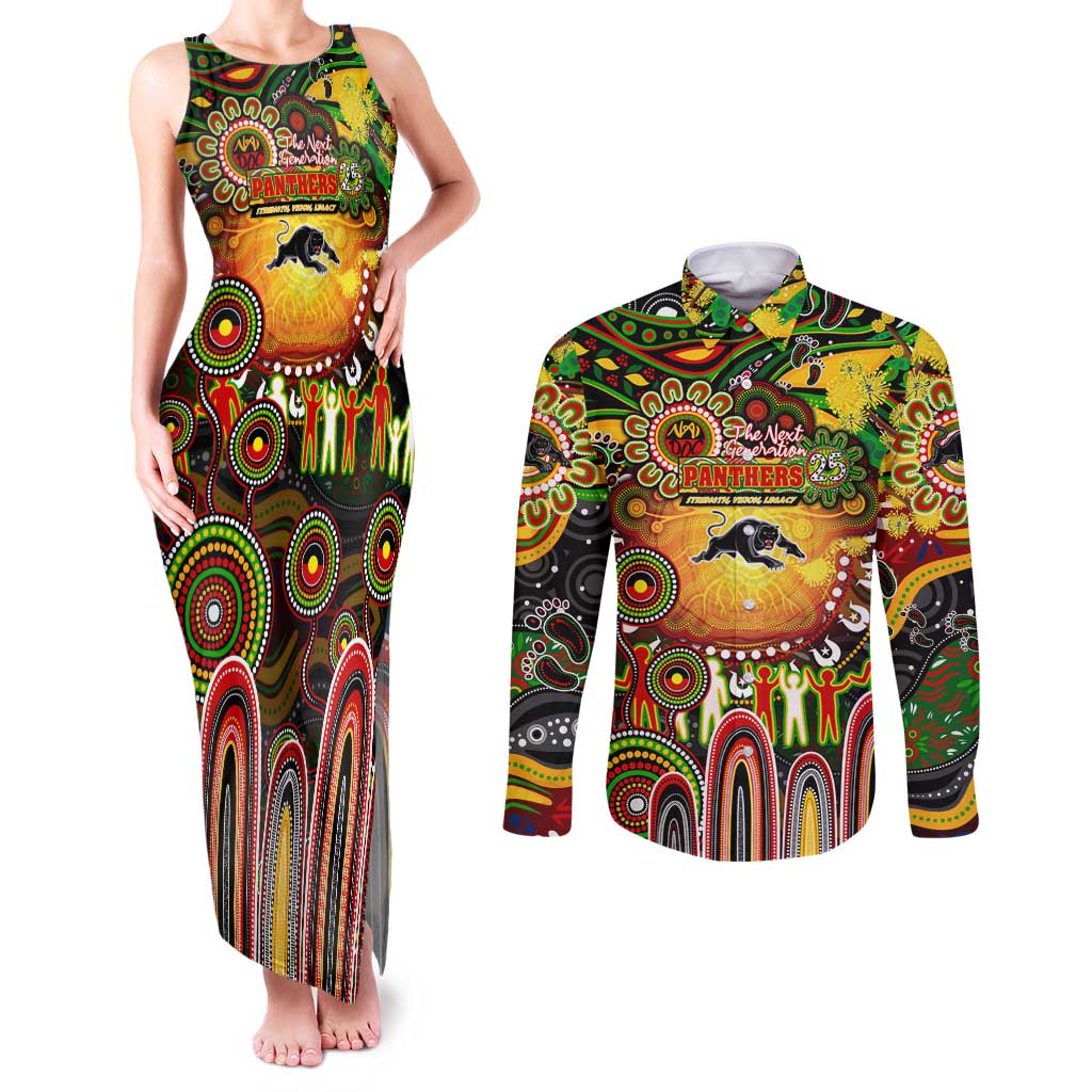 Personalised NAIDOC Week 2025 Panthers Rugby Couples Matching Tank Maxi Dress and Long Sleeve Button Shirt Aboriginal Dot Painting