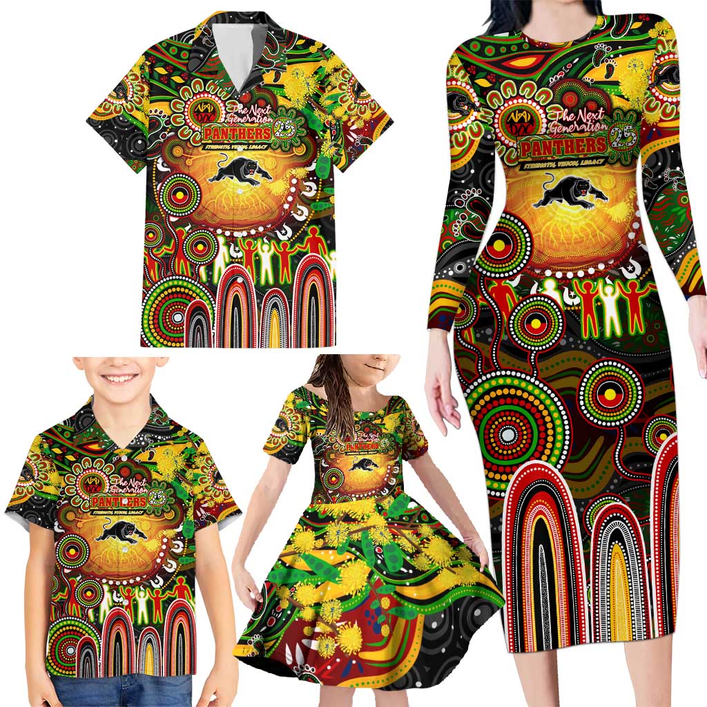 Personalised NAIDOC Week 2025 Panthers Rugby Family Matching Long Sleeve Bodycon Dress and Hawaiian Shirt Aboriginal Dot Painting
