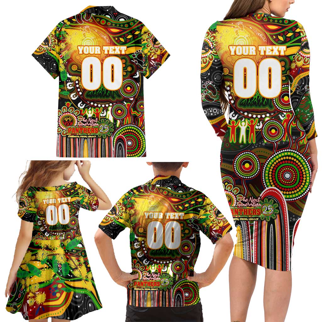 Personalised NAIDOC Week 2025 Panthers Rugby Family Matching Long Sleeve Bodycon Dress and Hawaiian Shirt Aboriginal Dot Painting