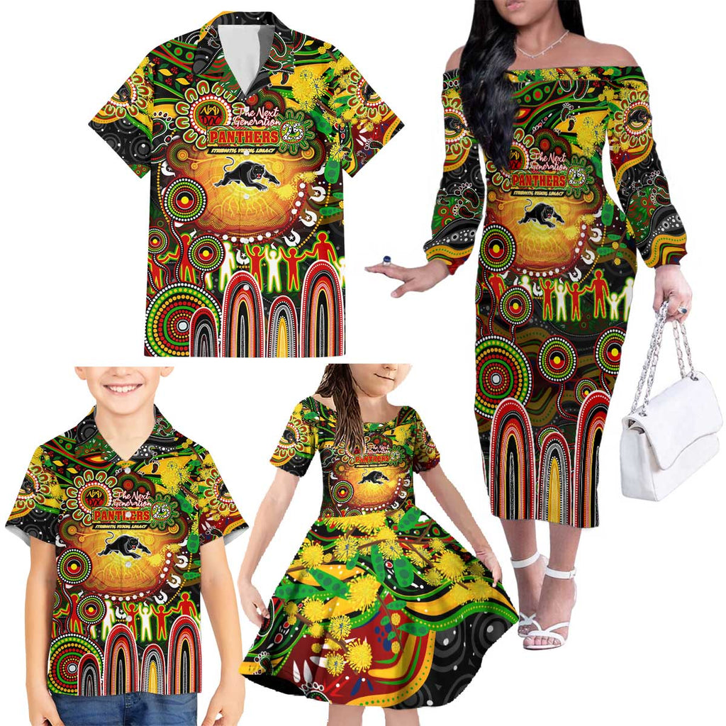 Personalised NAIDOC Week 2025 Panthers Rugby Family Matching Off The Shoulder Long Sleeve Dress and Hawaiian Shirt Aboriginal Dot Painting