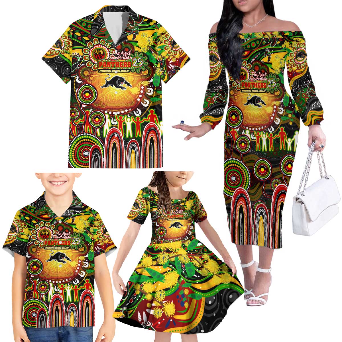 Personalised NAIDOC Week 2025 Panthers Rugby Family Matching Off The Shoulder Long Sleeve Dress and Hawaiian Shirt Aboriginal Dot Painting
