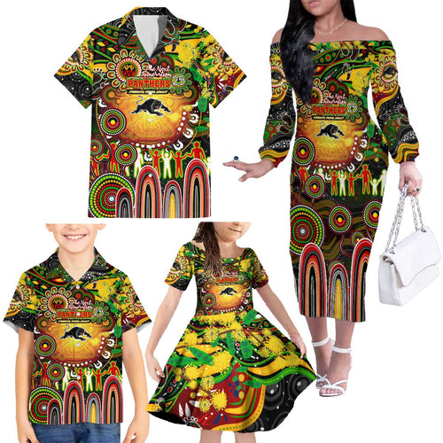 Personalised NAIDOC Week 2025 Panthers Rugby Family Matching Off The Shoulder Long Sleeve Dress and Hawaiian Shirt Aboriginal Dot Painting