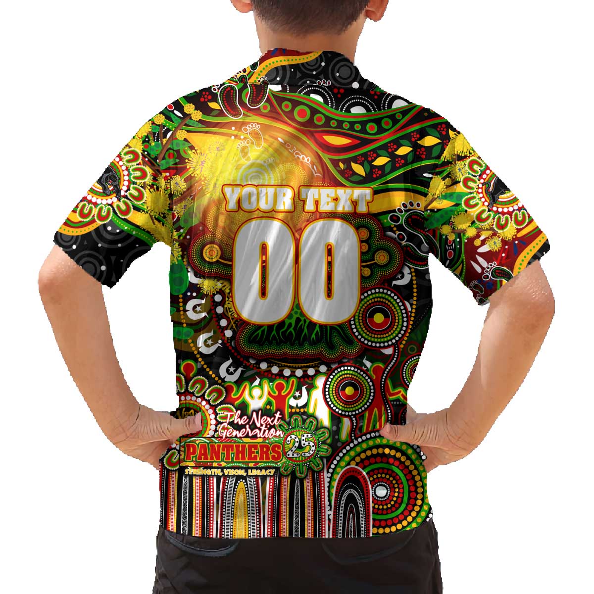 Personalised NAIDOC Week 2025 Panthers Rugby Family Matching Off The Shoulder Long Sleeve Dress and Hawaiian Shirt Aboriginal Dot Painting