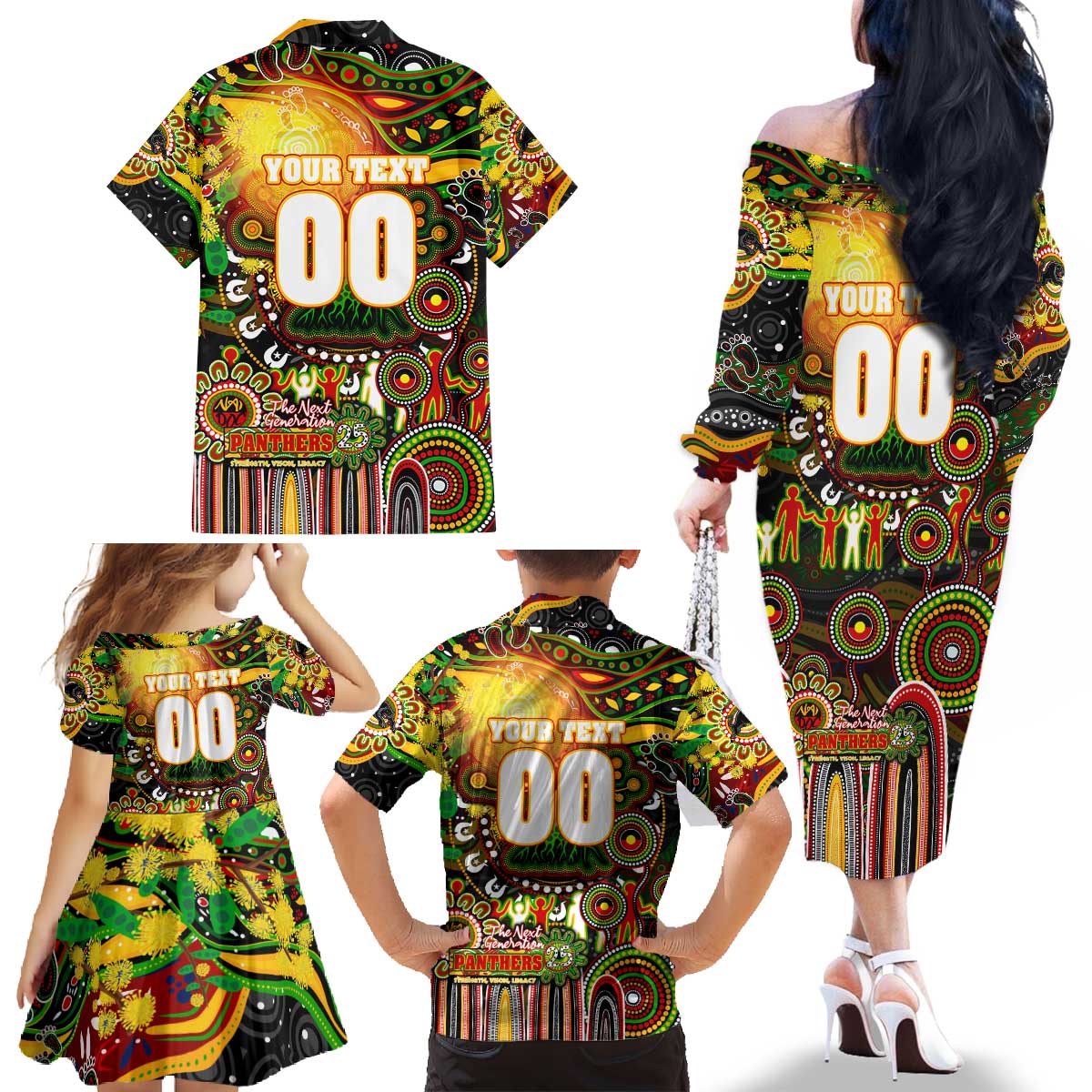 Personalised NAIDOC Week 2025 Panthers Rugby Family Matching Off The Shoulder Long Sleeve Dress and Hawaiian Shirt Aboriginal Dot Painting