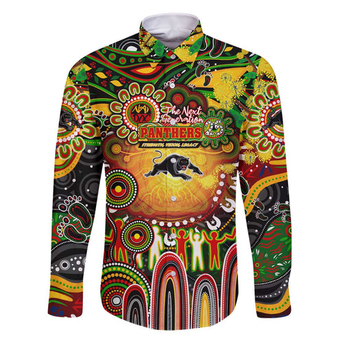 Personalised NAIDOC Week 2025 Panthers Rugby Family Matching Off The Shoulder Long Sleeve Dress and Hawaiian Shirt Aboriginal Dot Painting