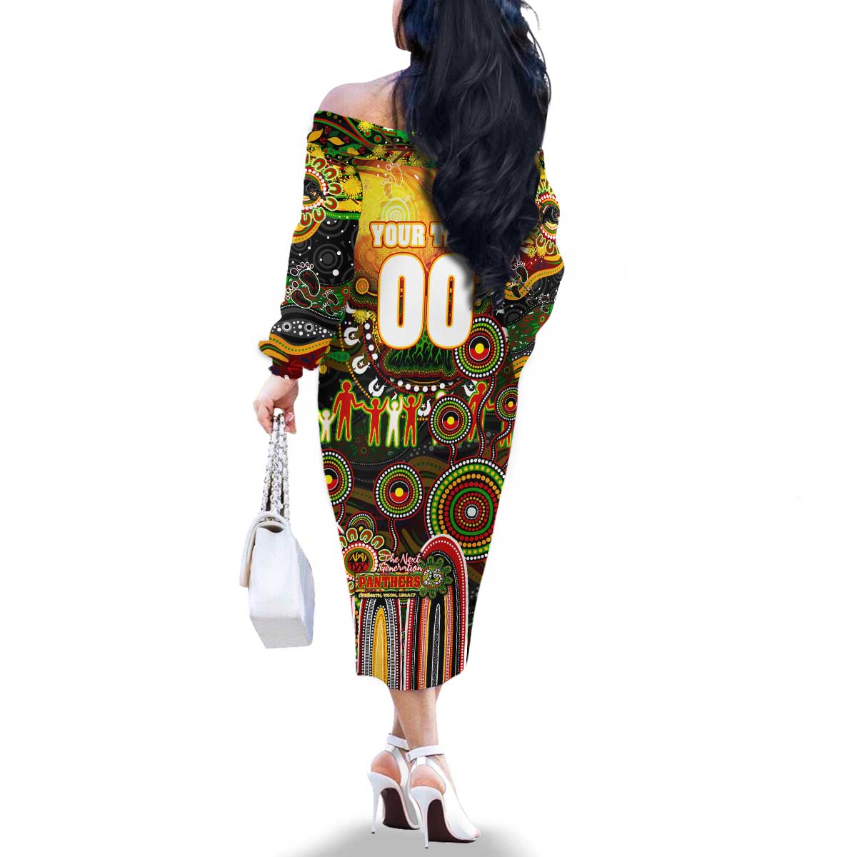 Personalised NAIDOC Week 2025 Panthers Rugby Family Matching Off The Shoulder Long Sleeve Dress and Hawaiian Shirt Aboriginal Dot Painting