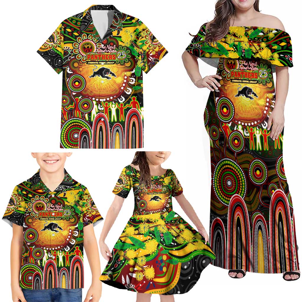Personalised NAIDOC Week 2025 Panthers Rugby Family Matching Off Shoulder Maxi Dress and Hawaiian Shirt Aboriginal Dot Painting