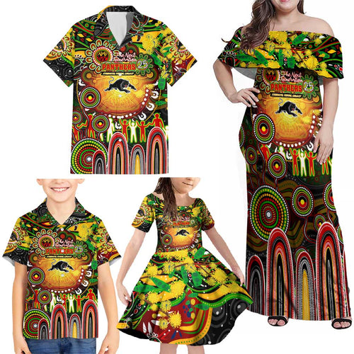 Personalised NAIDOC Week 2025 Panthers Rugby Family Matching Off Shoulder Maxi Dress and Hawaiian Shirt Aboriginal Dot Painting