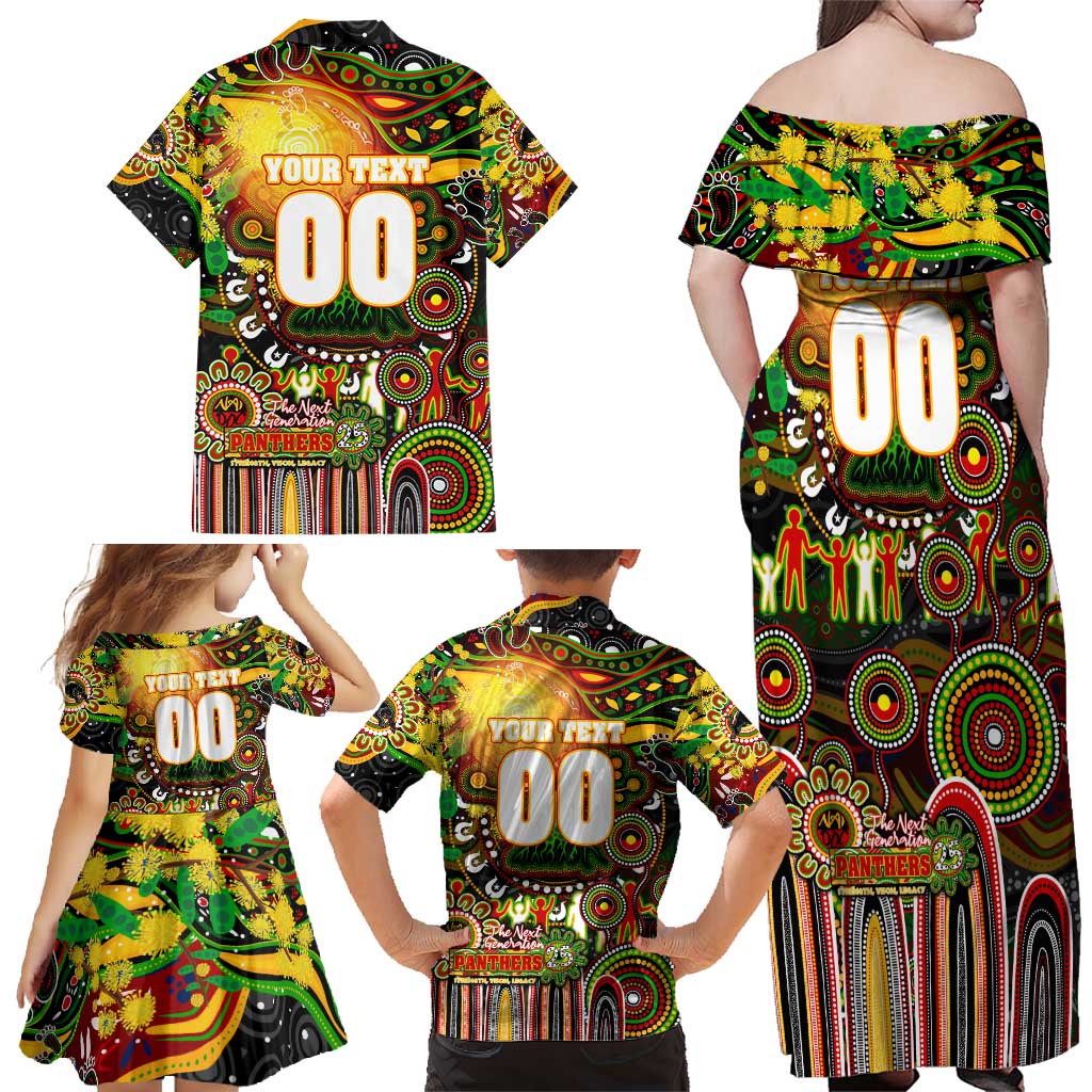 Personalised NAIDOC Week 2025 Panthers Rugby Family Matching Off Shoulder Maxi Dress and Hawaiian Shirt Aboriginal Dot Painting