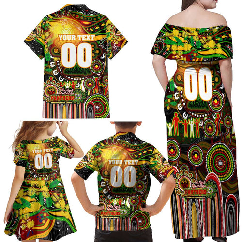 Personalised NAIDOC Week 2025 Panthers Rugby Family Matching Off Shoulder Maxi Dress and Hawaiian Shirt Aboriginal Dot Painting