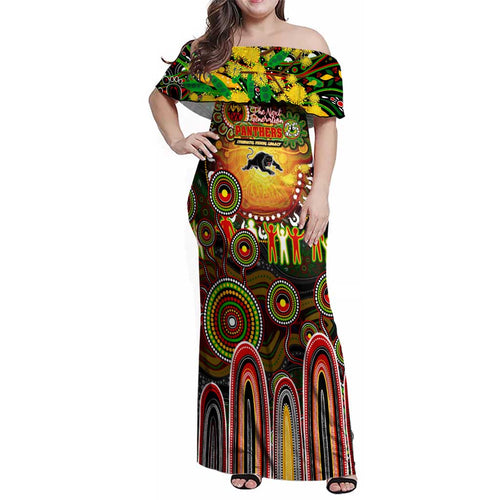 Personalised NAIDOC Week 2025 Panthers Rugby Family Matching Off Shoulder Maxi Dress and Hawaiian Shirt Aboriginal Dot Painting