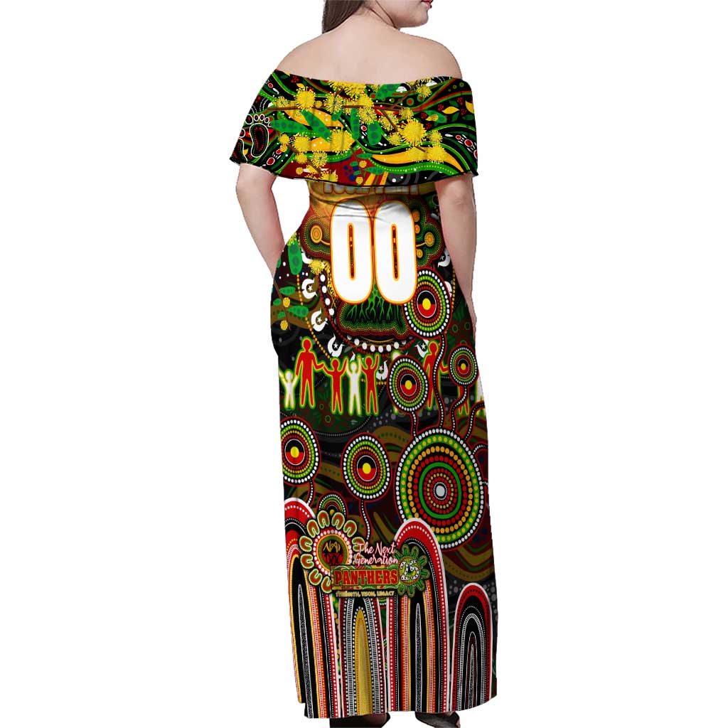 Personalised NAIDOC Week 2025 Panthers Rugby Family Matching Off Shoulder Maxi Dress and Hawaiian Shirt Aboriginal Dot Painting