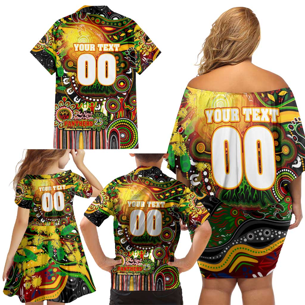 Personalised NAIDOC Week 2025 Panthers Rugby Family Matching Off Shoulder Short Dress and Hawaiian Shirt Aboriginal Dot Painting