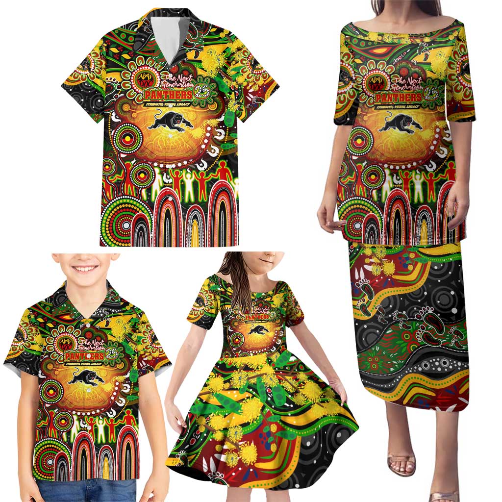 Personalised NAIDOC Week 2025 Panthers Rugby Family Matching Puletasi and Hawaiian Shirt Aboriginal Dot Painting