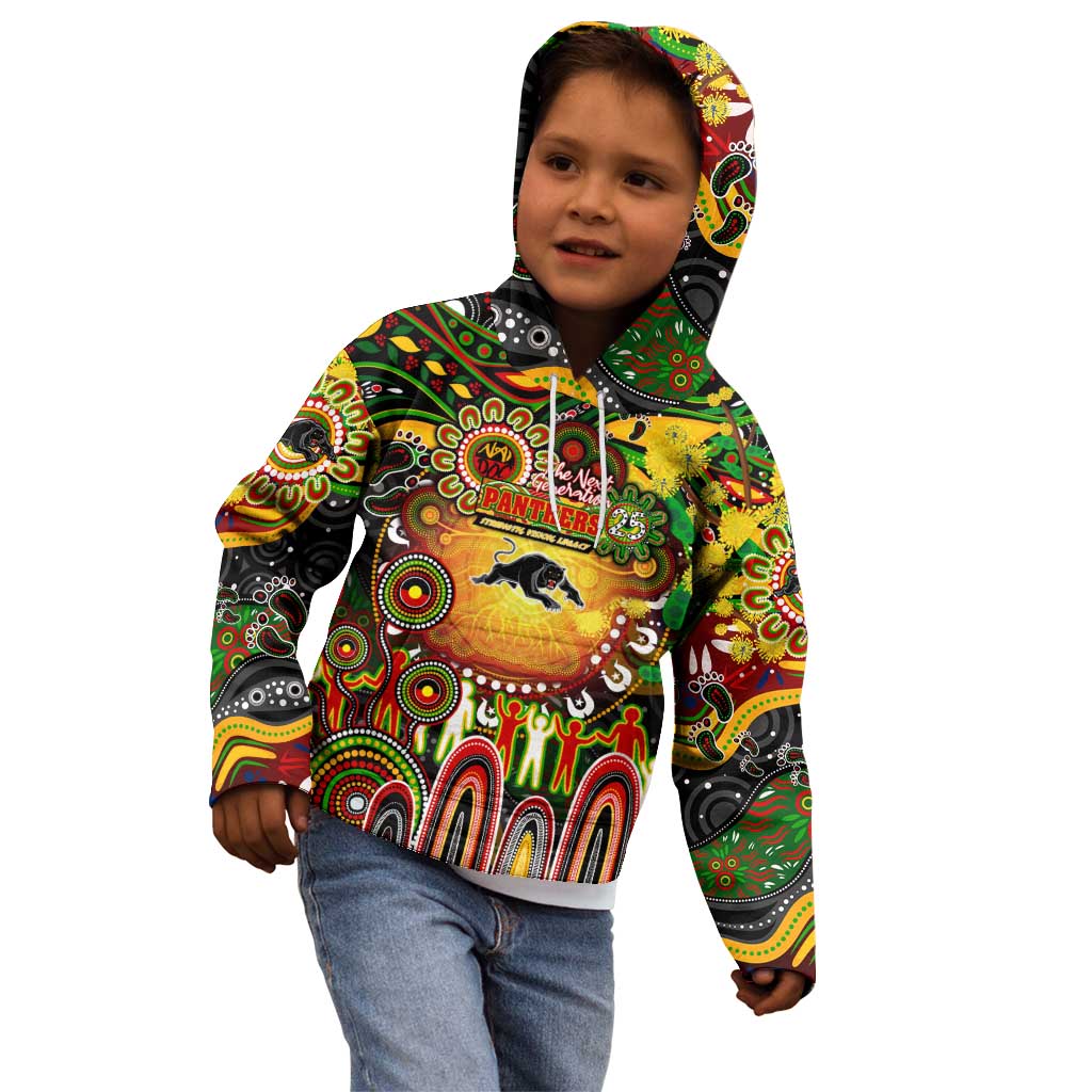 Personalised NAIDOC Week 2025 Panthers Rugby Kid Hoodie Aboriginal Dot Painting