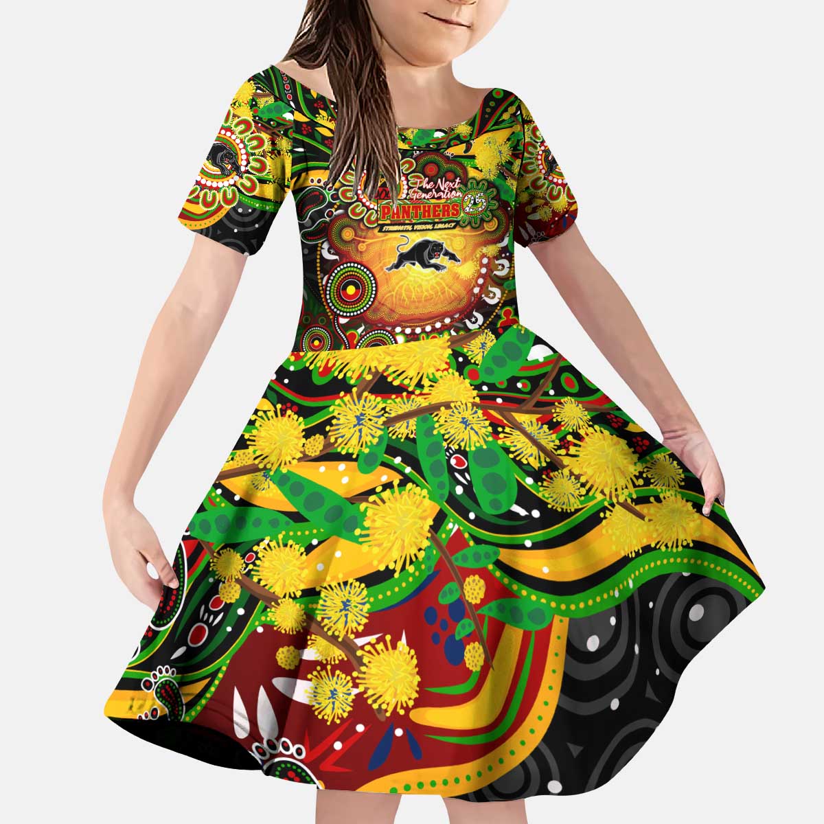 Personalised NAIDOC Week 2025 Panthers Rugby Kid Short Sleeve Dress Aboriginal Dot Painting