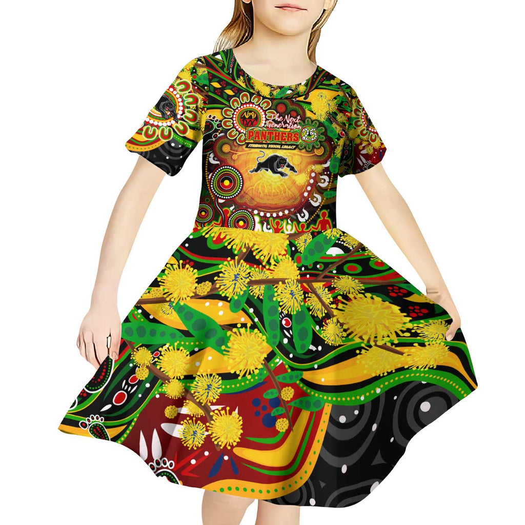 Personalised NAIDOC Week 2025 Panthers Rugby Kid Short Sleeve Dress Aboriginal Dot Painting