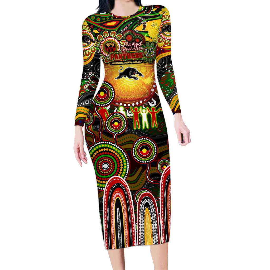Personalised NAIDOC Week 2025 Panthers Rugby Long Sleeve Bodycon Dress Aboriginal Dot Painting