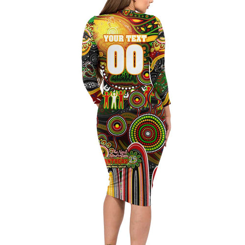 Personalised NAIDOC Week 2025 Panthers Rugby Long Sleeve Bodycon Dress Aboriginal Dot Painting